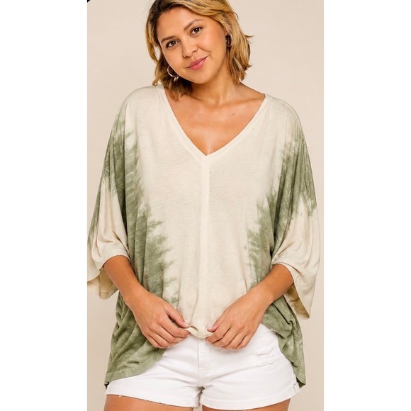 POL Tops - POL Sage‎ Green Tie-Dye V-Neck Oversized